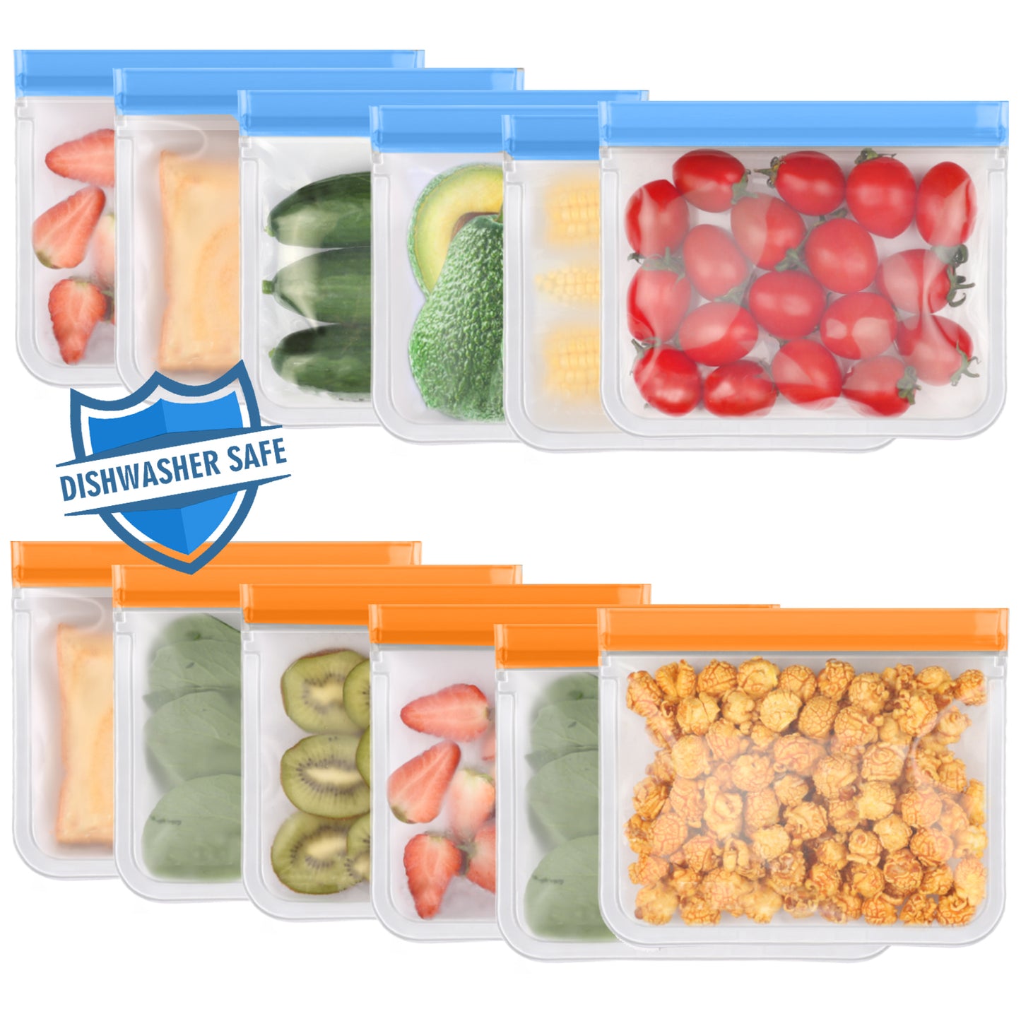 Lerine 12 Pack Dishwasher Safe Silicone Reusable Sandwich Bags, Leakproof Double Zipper, Freezer Bags,Orange&Blue