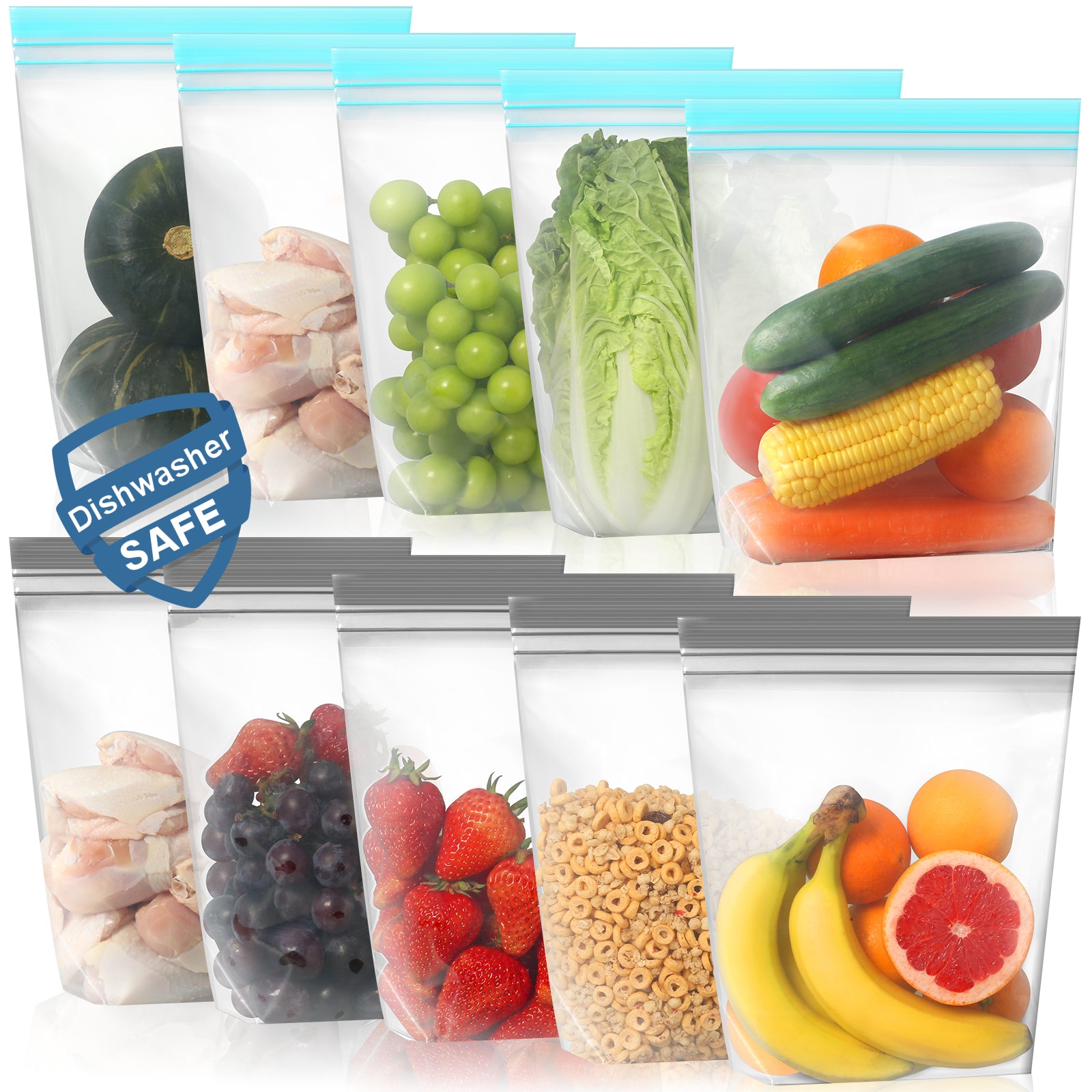 Lerine 10 Pack Dishwasher Safe Stand-up Reusable Food Storage Bags Gallon, Leakproof Reusable Freezer Bags,Silicone Reusable Sandwich Bags Blue,Gray
