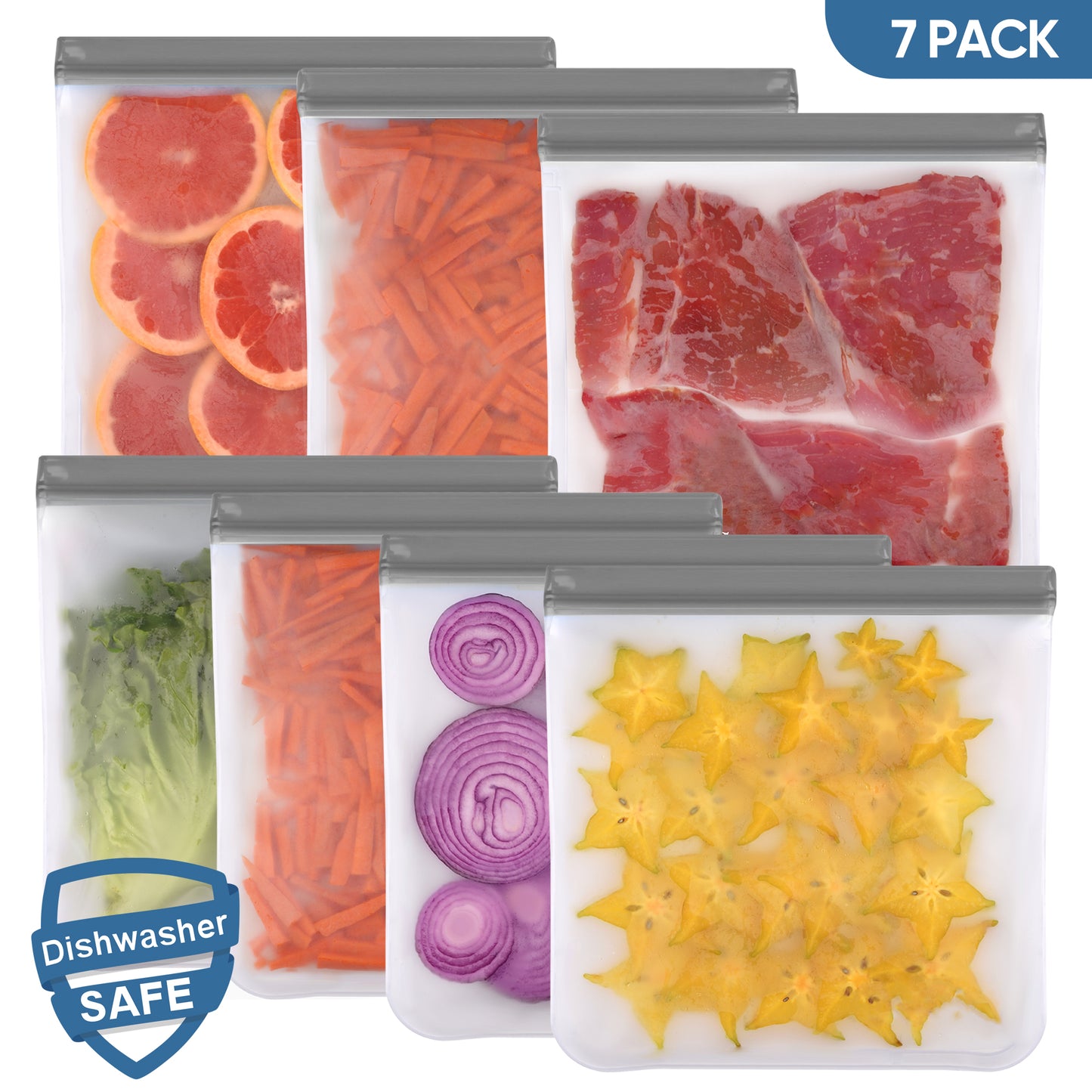 Lerine 7 Pack 11"×11" Dishwasher Safe Reusable Gallon Ziploc Bags, Leakproof Reusable Food Storage Bags,Silicone Reusable Freezer Bags