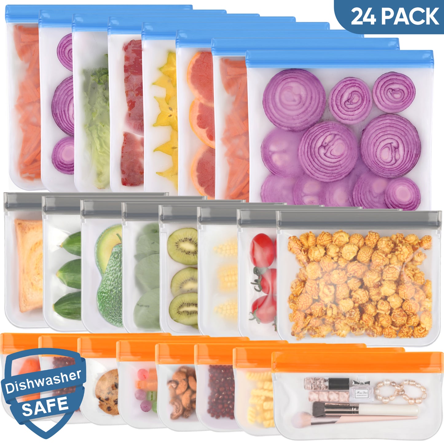 Lerine 24 Pack Dishwasher Safe Reusable Bags Slicone, Leakproof Reusable Food Storage Bags,Reusable Freezer Bags 8 Gallon 8 Sandwich 8 Snack Bags