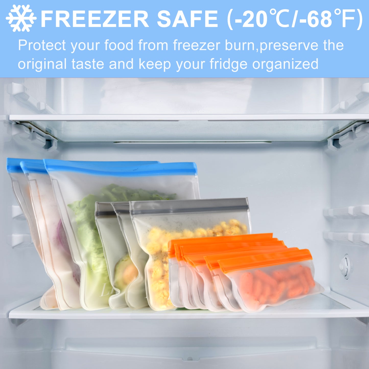 Lerine 10 Pack Dishwasher Safe Reusable Ziploc Bags with Double Zipper, Leakproof Reusable Food Storage Bags,Silicone Reusable Freezer Bags 3 Gallon 3 Sandwich 4 Snack Bags