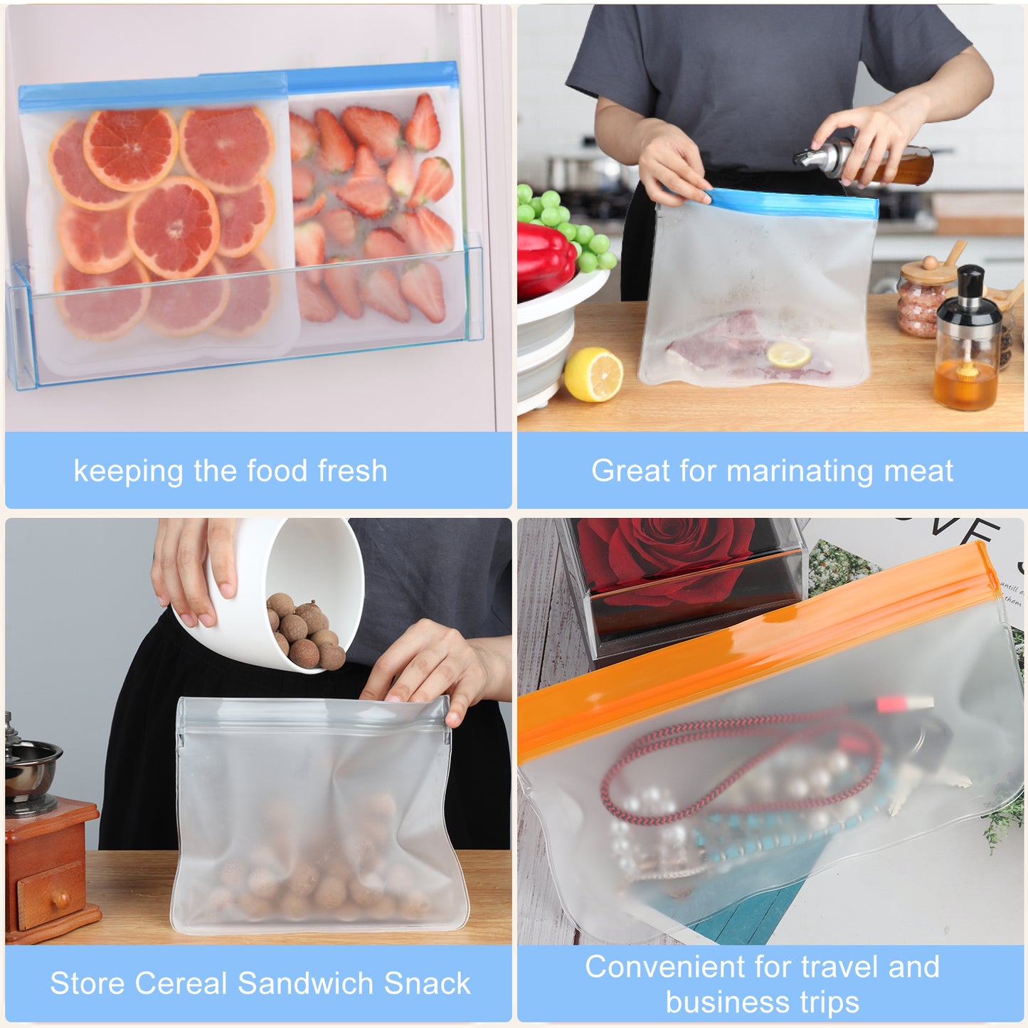 Lerine 24 Pack Dishwasher Safe Reusable Bags Slicone, Leakproof Reusable Food Storage Bags,Reusable Freezer Bags 8 Gallon 8 Sandwich 8 Snack Bags