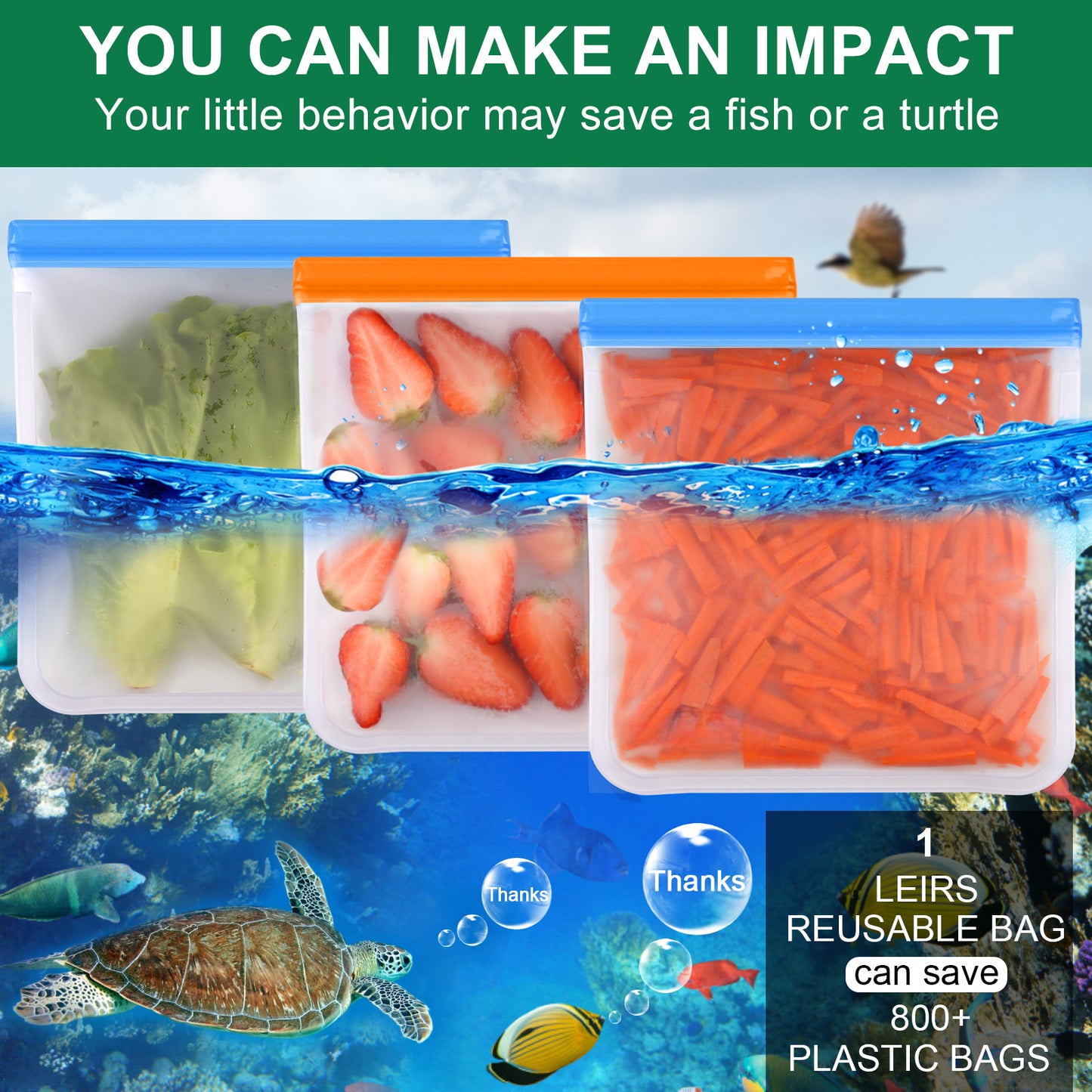 Lerine 7 Pack 11"×11" Dishwasher Safe Reusable Gallon Ziploc Bags, Leakproof Reusable Food Storage Bags,Silicone Reusable Freezer Bags