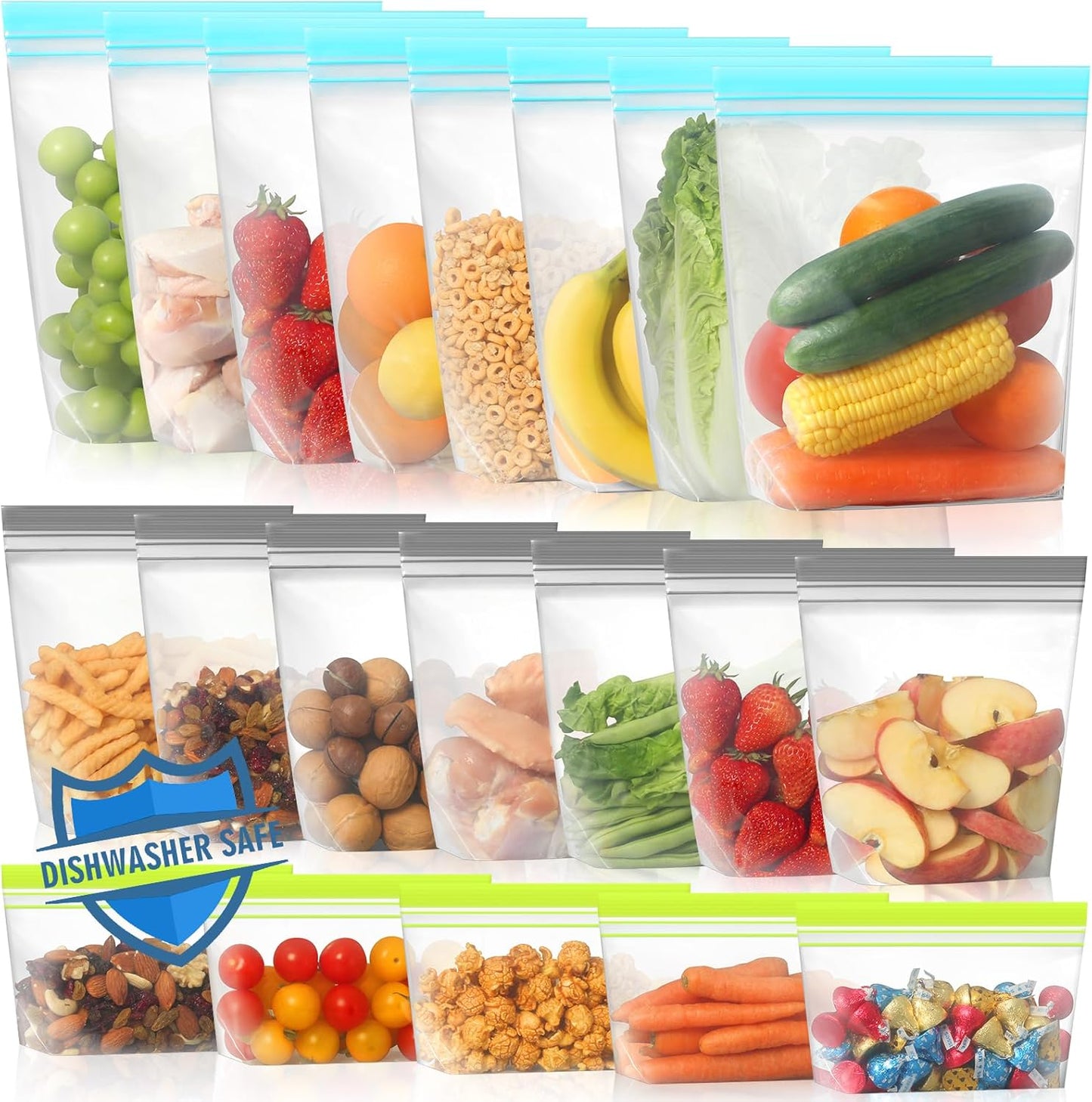 Lerine 20 Pack Dishwasher Safe Reusable Ziploc Bags, Leakproof Stand-up Reusable Food Storage Bags,Silicone Reusable Freezer Bags 8 Gallon 6 Sandwich 6 Snack Bags