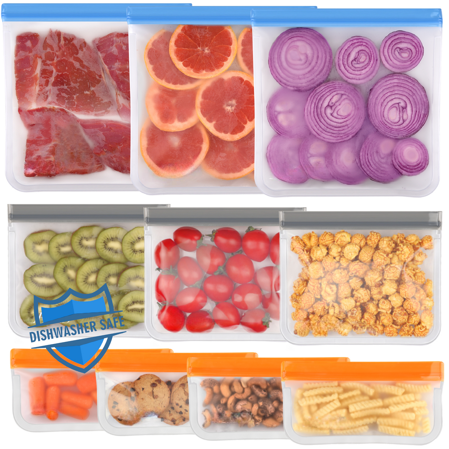 Lerine 10 Pack Dishwasher Safe Reusable Ziploc Bags with Double Zipper, Leakproof Reusable Food Storage Bags,Silicone Reusable Freezer Bags 3 Gallon 3 Sandwich 4 Snack Bags
