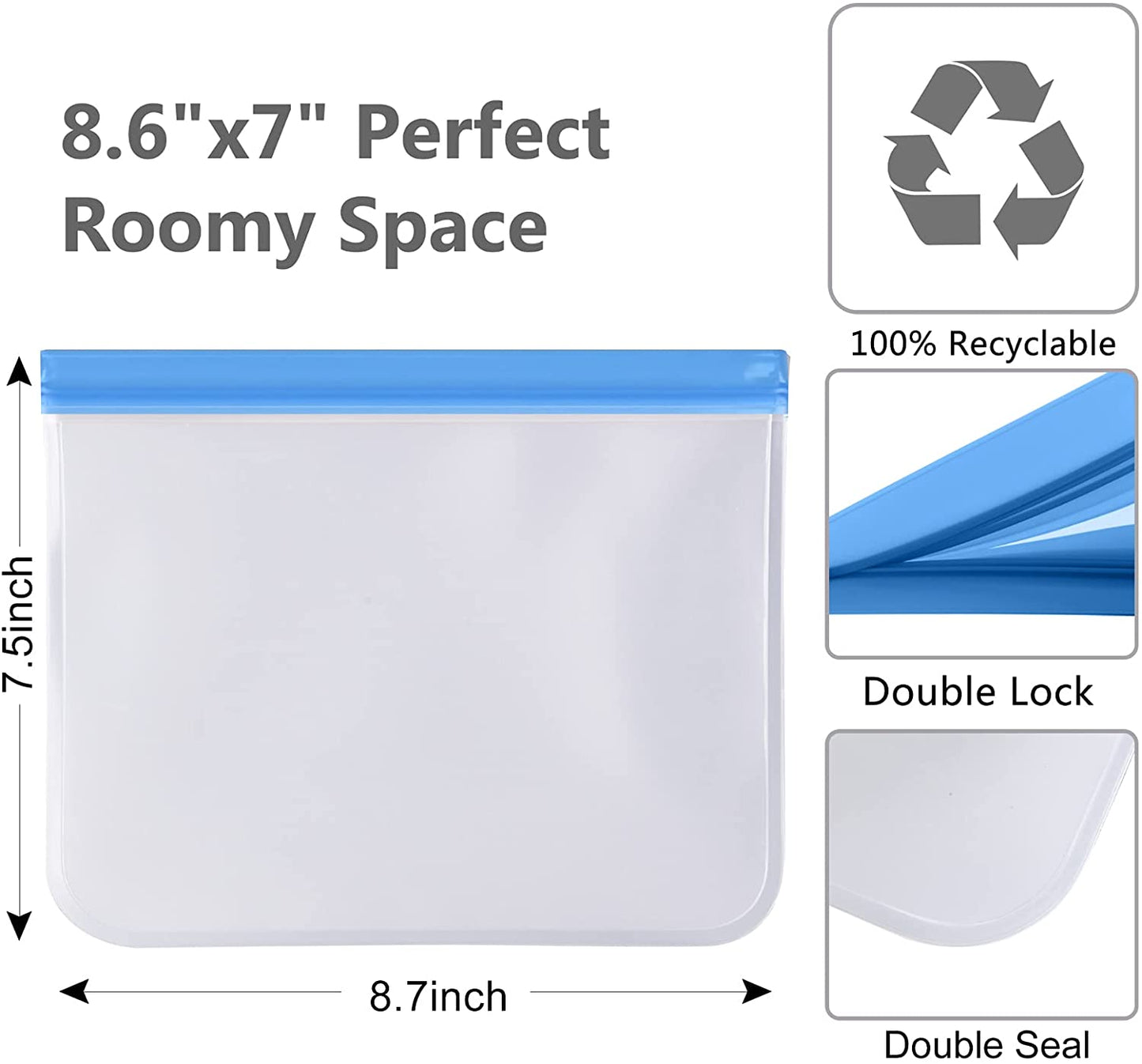Reusable Sandwich Bags Dishwasher Safe,9 Pack Reusable Quart Bags Extra Thick Leak-proof Reusable Bags Silicone for Marinate Meats, Cereal, Sandwich, Travel Items, Home Organization(Grey)