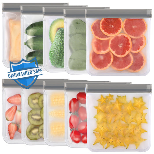 Lerine 10 Pack 11*11in Dishwasher Safe Reusable Silicone Food Storage Bags, Leakproof Double Zipper Freezer Bags, Gallon Size