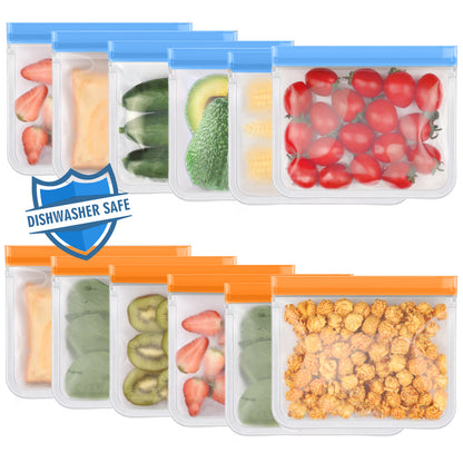 Lerine 12 Pack Dishwasher Safe Silicone Reusable Sandwich Bags, Leakproof Double Zipper, Freezer Bags,Orange&Blue