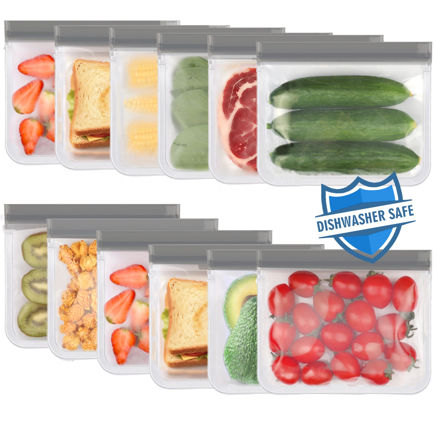 Lerine 12 Pack Dishwasher Safe Reusable Sandwich Bags, Leakproof Double Zipper, Freezer Bags