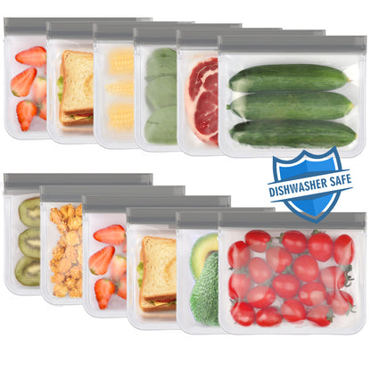 Lerine 12 Pack Dishwasher Safe Reusable Sandwich Bags, Leakproof Double Zipper, Freezer Bags