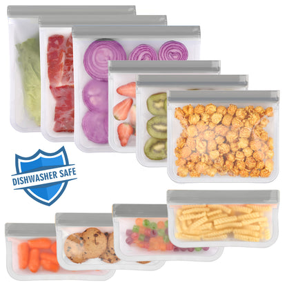 Lerine 10 Pack Dishwasher Safe Reusable Storage Bags with Double Zipper, Gray, Leakproof Reusable Food Storage Bags,Silicone Reusable Freezer Bags 3 Gallon 3 Sandwich 4 Snack Bags