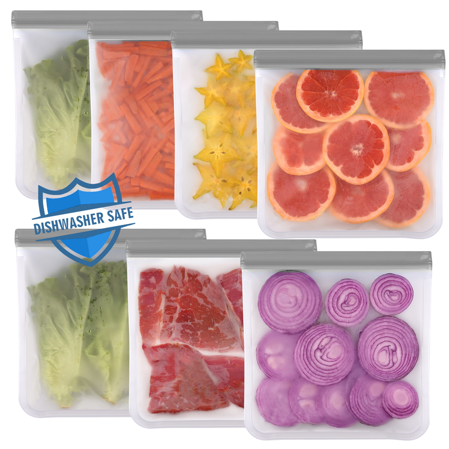 Lerine 7 Pack 11"×11" Dishwasher Safe Reusable Gallon Ziploc Bags, Leakproof Reusable Food Storage Bags,Silicone Reusable Freezer Bags