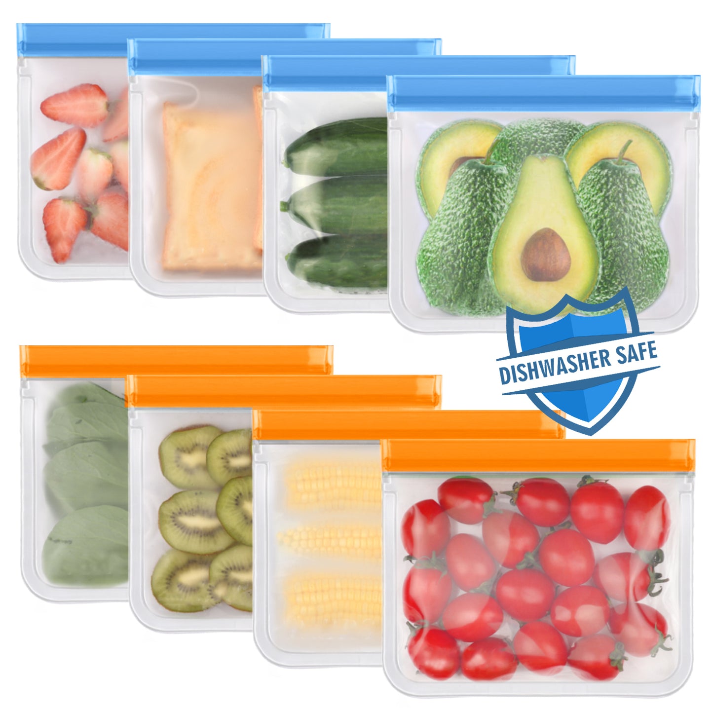 Lerine 8 Pack Dishwasher Safe Reusable Sandwich Bags, Leakproof Reusable Food Storage Bags,Silicone Reusable Freezer Bags，Blue&Orange