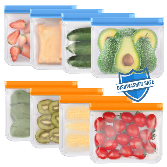 Lerine 8 Pack Dishwasher Safe Reusable Sandwich Bags, Leakproof Reusable Food Storage Bags,Silicone Reusable Freezer Bags，Blue&Orange