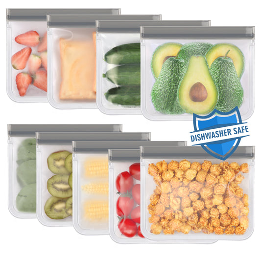 Lerine 9 Pack Dishwasher Safe Reusable Sandwich Ziploc Bags Gray, Leakproof Reusable Food Storage Bags,Silicone Reusable Freezer Bags