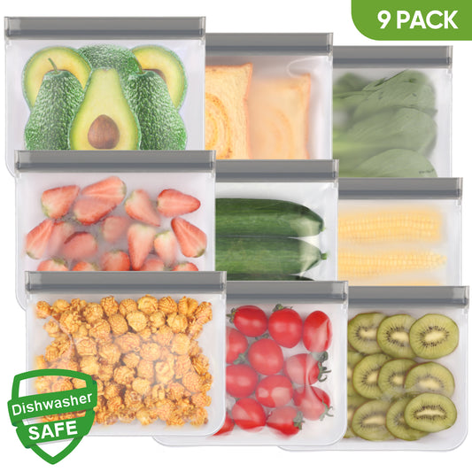 Lerine 9 Pack Dishwasher Safe Reusable Sandwich Ziploc Bags Gray, Leakproof Reusable Food Storage Bags,Silicone Reusable Freezer Bags