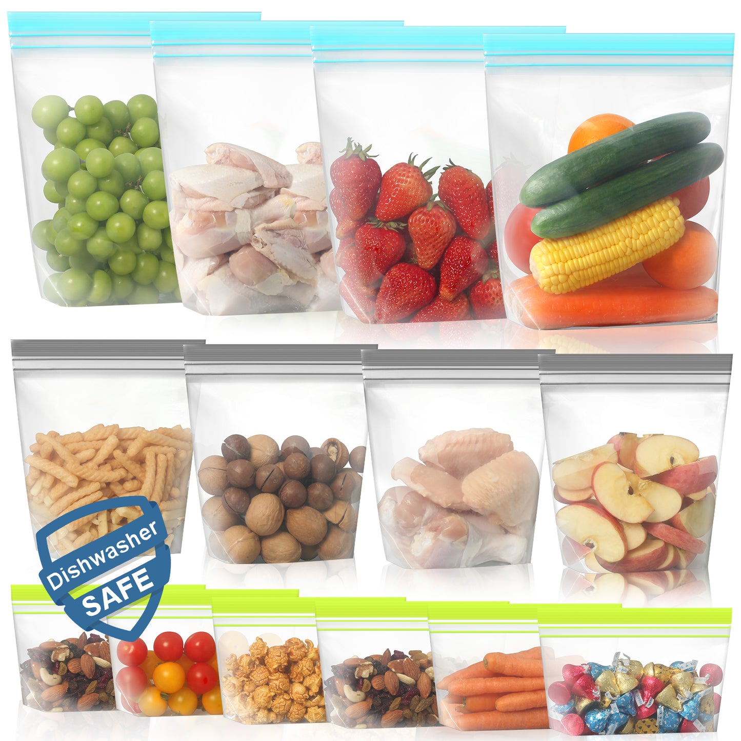 Lerine 14 Pack Dishwasher Safe Stand-up Reusable Food Storage Bags, Leakproof Reusable Freezer Bags,Silicone Reusable Sandwich Bags 4 Gallon 4 Sandwich 6 Snack Bags