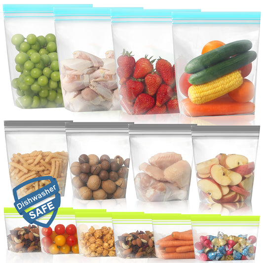 Lerine 14 Pack Dishwasher Safe Stand-up Reusable Food Storage Bags, Leakproof Reusable Freezer Bags,Silicone Reusable Sandwich Bags 4 Gallon 4 Sandwich 6 Snack Bags