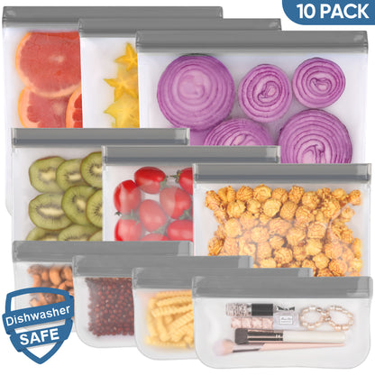 Lerine 10 Pack Dishwasher Safe Reusable Storage Bags with Double Zipper, Gray, Leakproof Reusable Food Storage Bags,Silicone Reusable Freezer Bags 3 Gallon 3 Sandwich 4 Snack Bags
