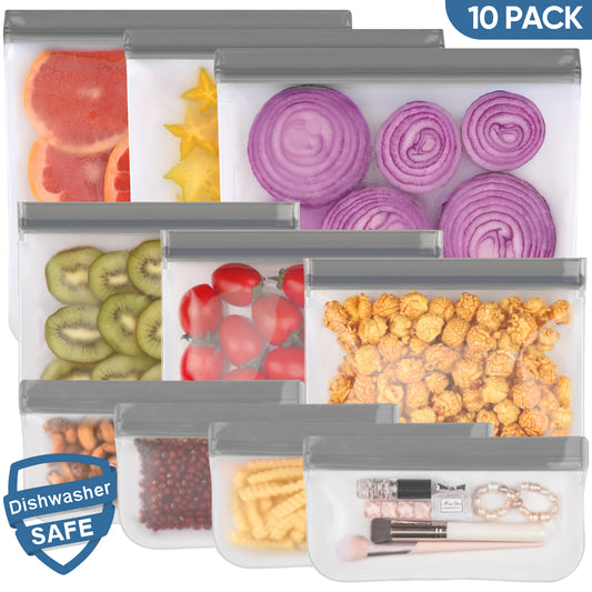 Lerine 10 Pack Dishwasher Safe Reusable Storage Bags with Double Zipper, Gray, Leakproof Reusable Food Storage Bags,Silicone Reusable Freezer Bags 3 Gallon 3 Sandwich 4 Snack Bags