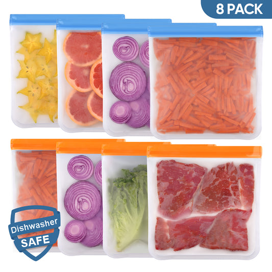 Lerine 8 Pack Dishwasher Safe Reusable Sandwich Bags, Leakproof Reusable Food Storage Bags,Silicone Reusable Freezer Bags，Blue&Orange