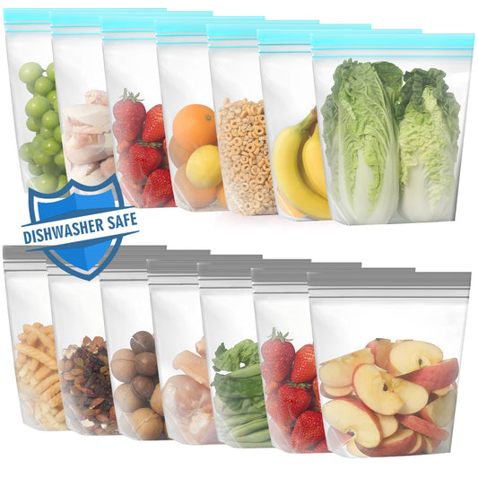 Lerine 14 Pack 10*11in Dishwasher Safe Stand-up Reusable Food Storage Bags Gallon, Leakproof Reusable Freezer Bags,Silicone Reusable Sandwich Bags