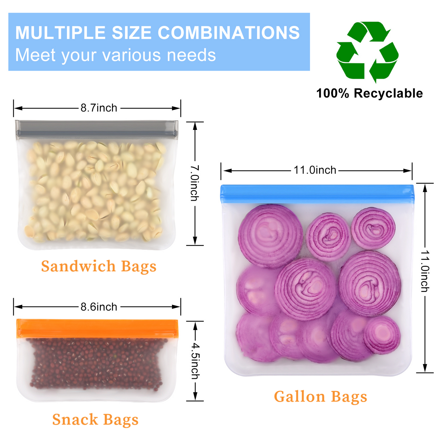 Lerine 10 Pack Dishwasher Safe Reusable Storage Bags with Double Zipper, Gray, Leakproof Reusable Food Storage Bags,Silicone Reusable Freezer Bags 3 Gallon 3 Sandwich 4 Snack Bags