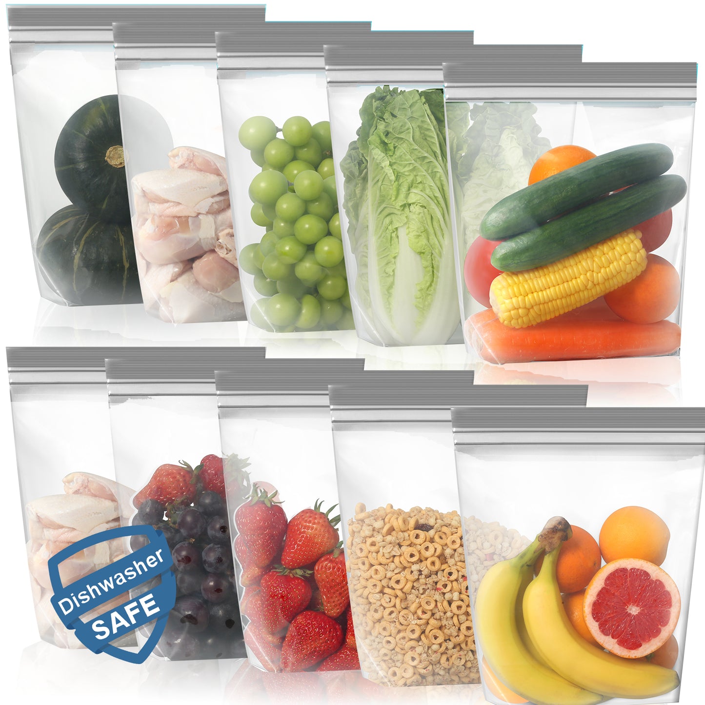 Lerine 10 Pack 10*11inDishwasher Safe Stand-up Reusable Food Storage Bags Gallon, Leakproof Reusable Freezer Bags,Silicone Reusable Sandwich Bags Gray