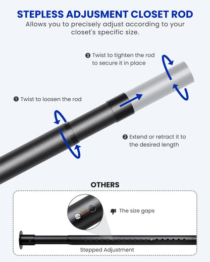 Closet Rods for Hanging Clothes,17-98in Stepless Adjustable Closet Rod,1.3in Diameter Heavy Duty Closet Hanging Rod, Matte Black