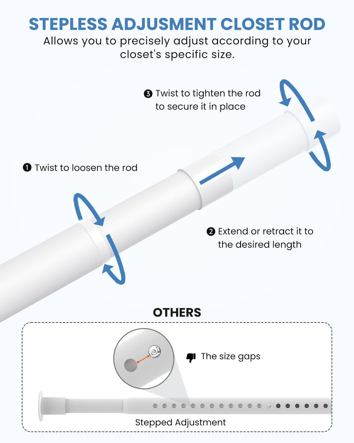 Supforce Closet Rods for Hanging Clothes,17-26in Stepless Adjustable Closet Rod,1.3in Diameter Heavy Duty Closet Hanging Rod, Matte White