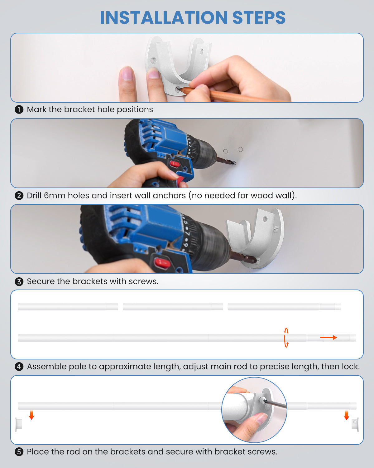 Supforce Closet Rods for Hanging Clothes,17-26in Stepless Adjustable Closet Rod,1.3in Diameter Heavy Duty Closet Hanging Rod, Matte White