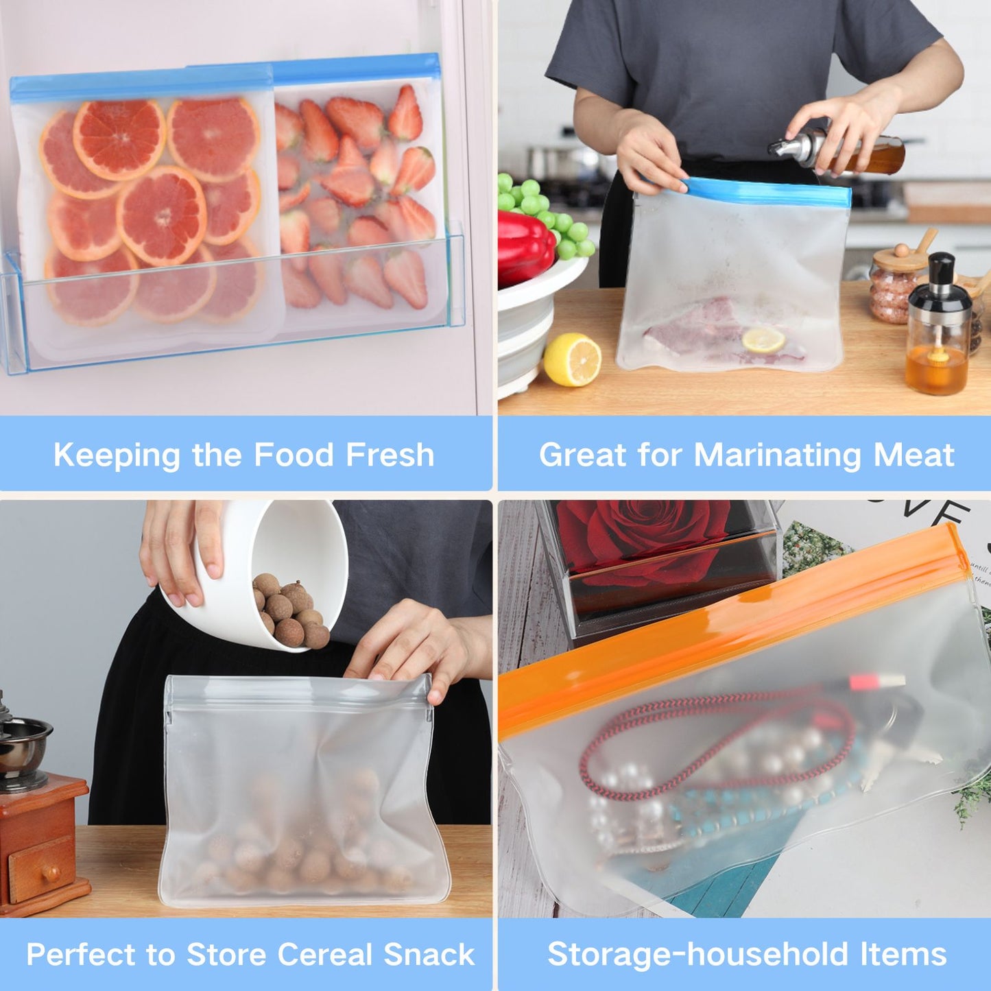 Lerine 10 Pack Dishwasher Safe Reusable Storage Bags with Double Zipper, Gray, Leakproof Reusable Food Storage Bags,Silicone Reusable Freezer Bags 3 Gallon 3 Sandwich 4 Snack Bags