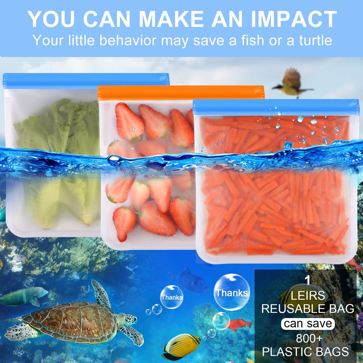 Lerine 8 Pack Dishwasher Safe Reusable Sandwich Bags, Leakproof Reusable Food Storage Bags,Silicone Reusable Freezer Bags，Blue&Orange