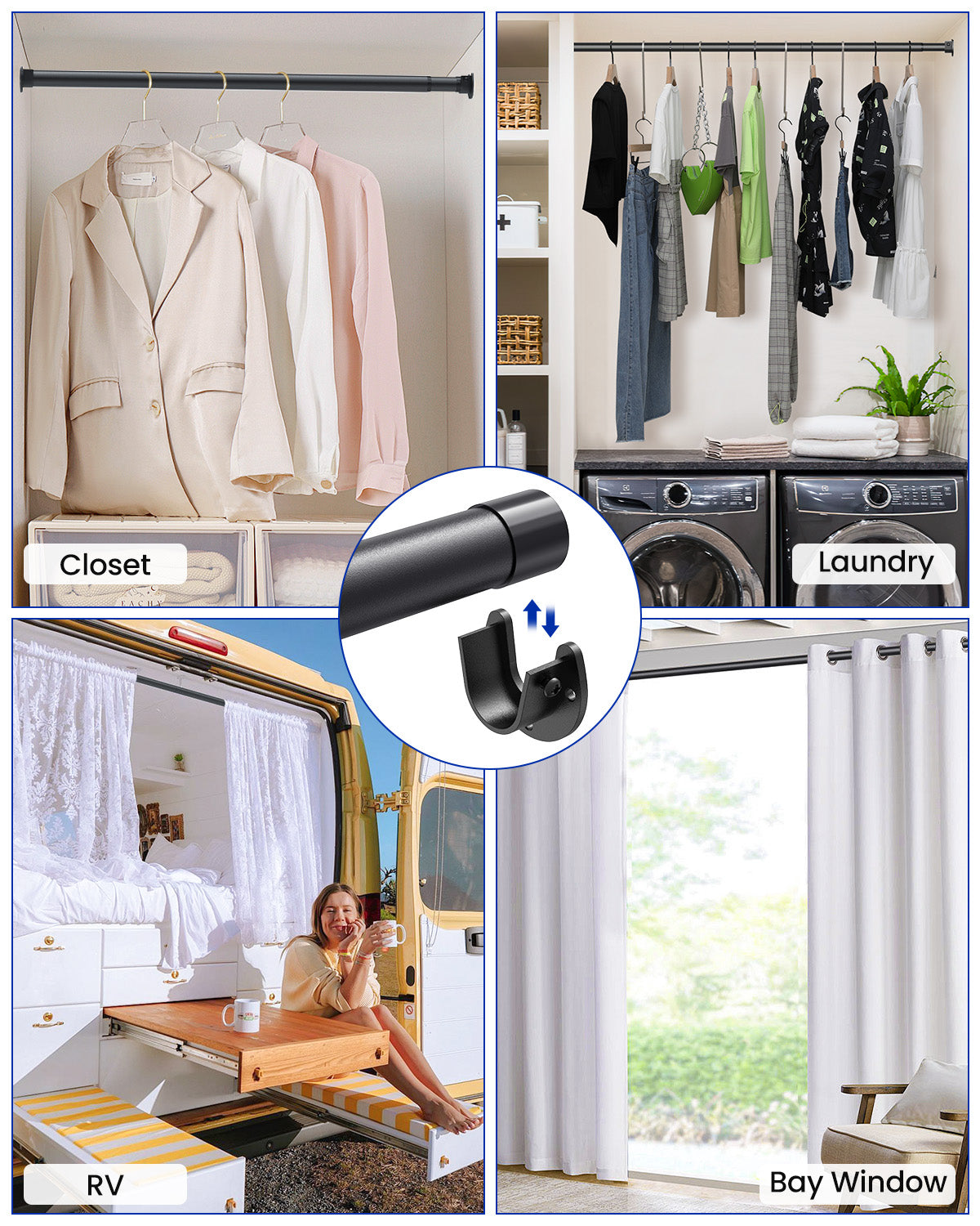 Closet Rods for Hanging Clothes,17-98in Stepless Adjustable Closet Rod,1.3in Diameter Heavy Duty Closet Hanging Rod, Matte Black