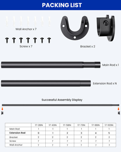 Closet Rods for Hanging Clothes,17-98in Stepless Adjustable Closet Rod,1.3in Diameter Heavy Duty Closet Hanging Rod, Matte Black