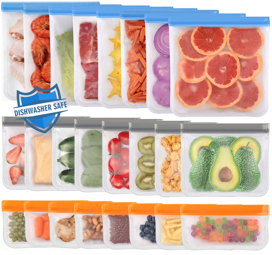 Lerine 24 Pack Dishwasher Safe Reusable Bags Slicone, Leakproof Reusable Food Storage Bags,Reusable Freezer Bags 8 Gallon 8 Sandwich 8 Snack Bags