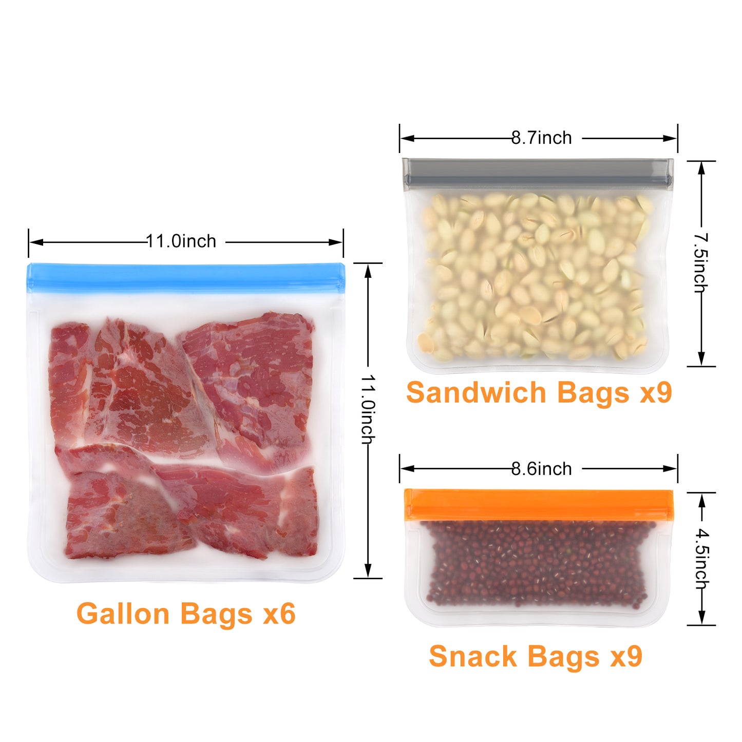 24 Pack (6 Gallon, 9 Sandwich, 9 Snack) Reusable Food Storage Bags